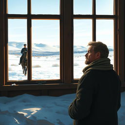 A scene depicting a man gazing thoughtfully out of a large window of an old schoolhouse