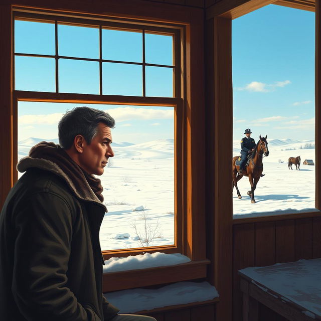 A scene depicting a man gazing thoughtfully out of a large window of an old schoolhouse