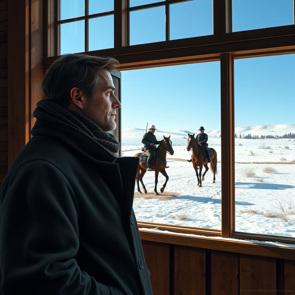 A scene depicting a man gazing thoughtfully out of a large window of an old schoolhouse