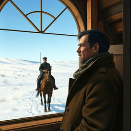 A scene depicting a man gazing thoughtfully out of a large window of an old schoolhouse