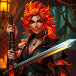 A captivating female fire genasi bard, exuding confidence and charisma, with her hair ablaze like flickering flames