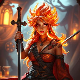 A captivating female fire genasi bard, exuding confidence and charisma, with her hair ablaze like flickering flames