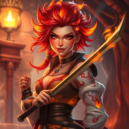 A captivating female fire genasi bard, exuding confidence and charisma, with her hair ablaze like flickering flames