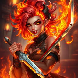 A captivating female fire genasi bard, exuding confidence and charisma, with her hair ablaze like flickering flames