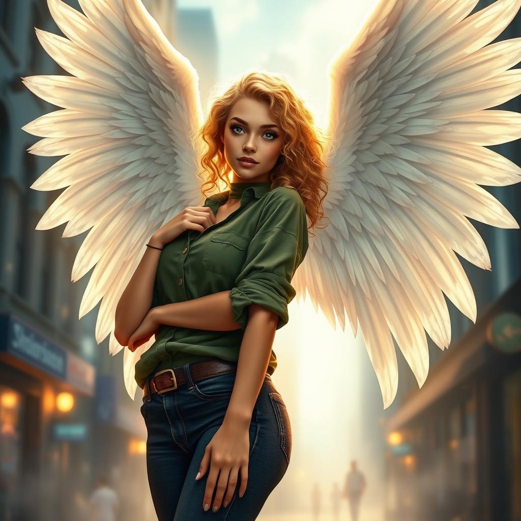 An urban fantasy character depicted as a beautiful 30-year-old woman with stunning blonde curly hair and captivating dark blue eyes