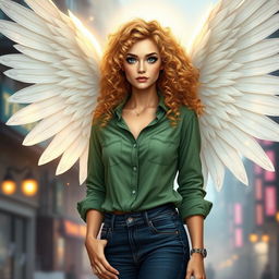 An urban fantasy character depicted as a beautiful 30-year-old woman with stunning blonde curly hair and captivating dark blue eyes