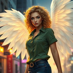 An urban fantasy character depicted as a beautiful 30-year-old woman with stunning blonde curly hair and captivating dark blue eyes