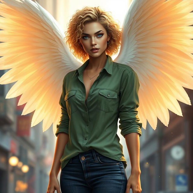 An urban fantasy character depicted as a beautiful 30-year-old woman with stunning blonde curly hair and captivating dark blue eyes