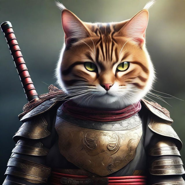 An incredibly realistic digital art image showcasing a brave cat as a samurai