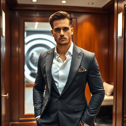 A stylish man in a sophisticated changing room, wearing a tailored suit