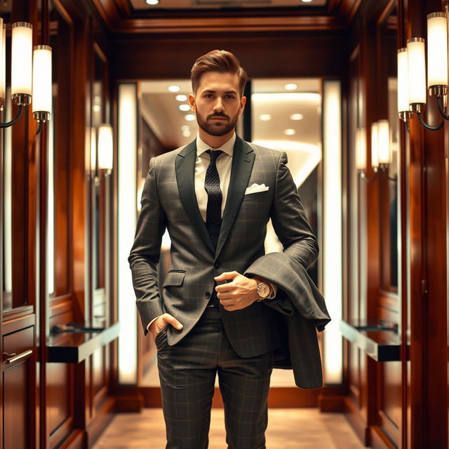 A stylish man in a sophisticated changing room, wearing a tailored suit