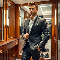 A stylish man in a sophisticated changing room, wearing a tailored suit