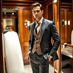 A stylish man in a sophisticated changing room, wearing a tailored suit