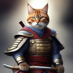 An incredibly realistic digital art image showcasing a brave cat as a samurai