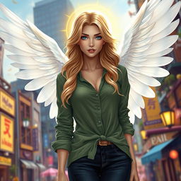 A stunning urban fantasy character featuring a 30-year-old beautiful woman with wavy blonde hair cascading down her shoulders