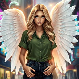 A stunning urban fantasy character featuring a 30-year-old beautiful woman with wavy blonde hair cascading down her shoulders
