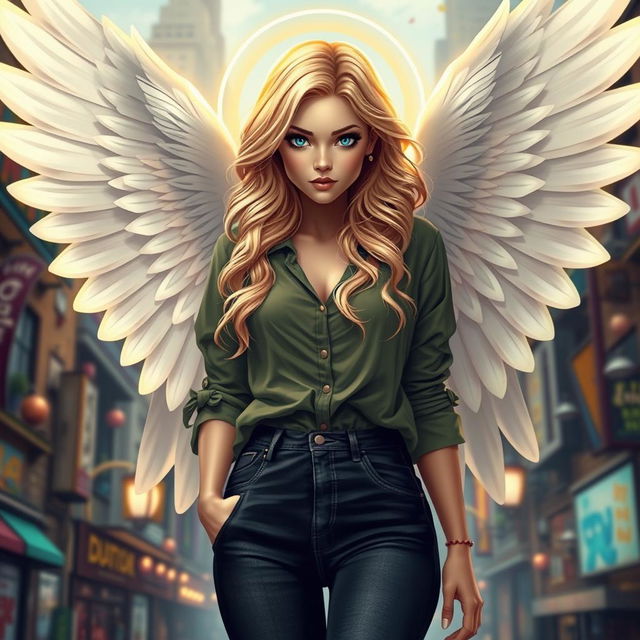 A stunning urban fantasy character featuring a 30-year-old beautiful woman with wavy blonde hair cascading down her shoulders