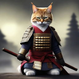 An incredibly realistic digital art image showcasing a brave cat as a samurai