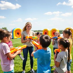 An engaging scene where a female instructor is teaching a group of children how to play with Nerf blasters in a lively and sunny outdoor environment