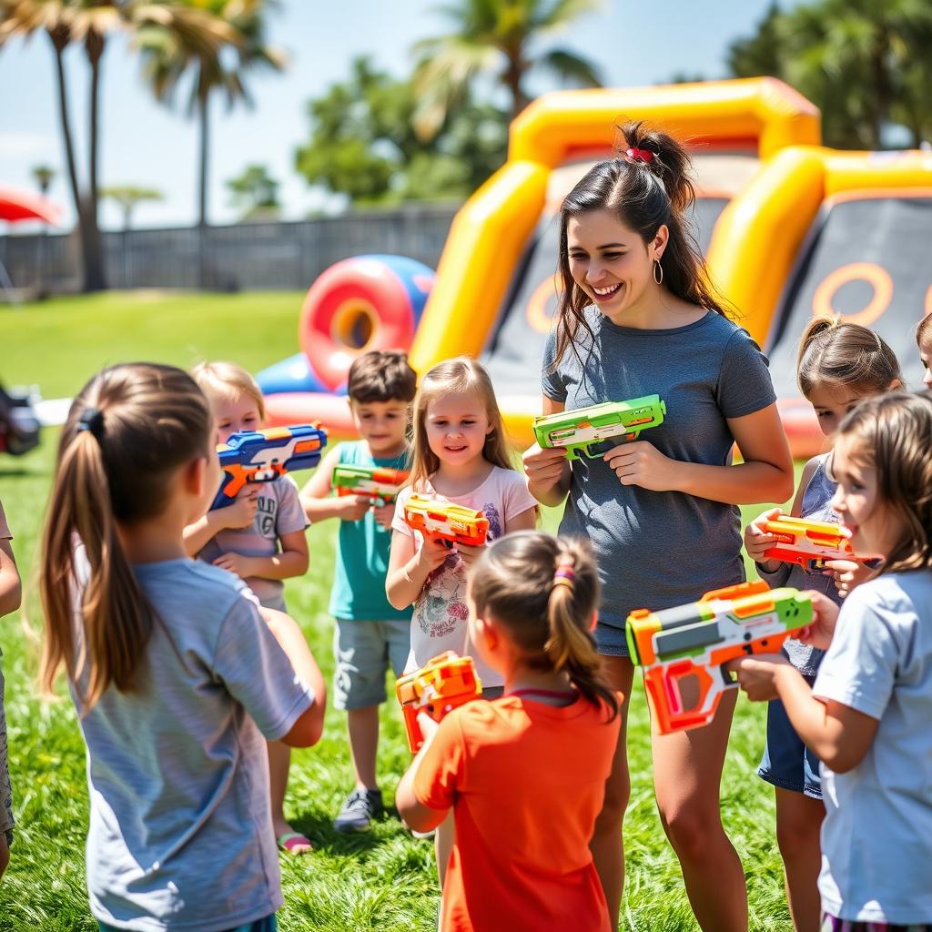 An engaging scene where a female instructor is teaching a group of children how to play with Nerf blasters in a lively and sunny outdoor environment