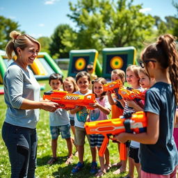 An engaging scene where a female instructor is teaching a group of children how to play with Nerf blasters in a lively and sunny outdoor environment