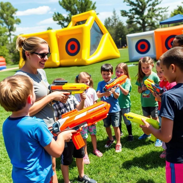 An engaging scene where a female instructor is teaching a group of children how to play with Nerf blasters in a lively and sunny outdoor environment