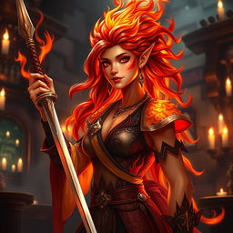A striking female fire genasi bard, with hair that appears to be made of burning flames, casting a warm glow around her