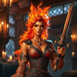 A striking female fire genasi bard, with hair that appears to be made of burning flames, casting a warm glow around her