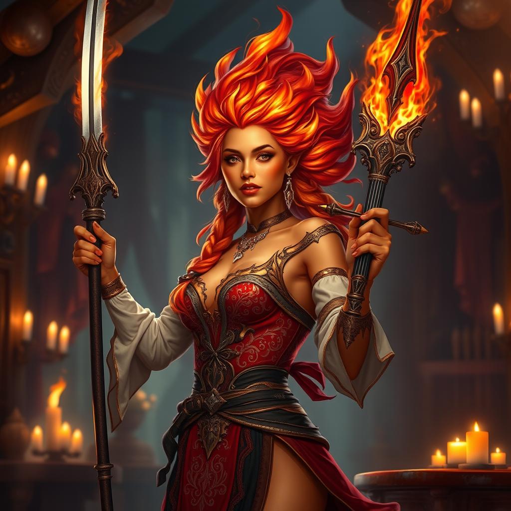 A striking female fire genasi bard, with hair that appears to be made of burning flames, casting a warm glow around her