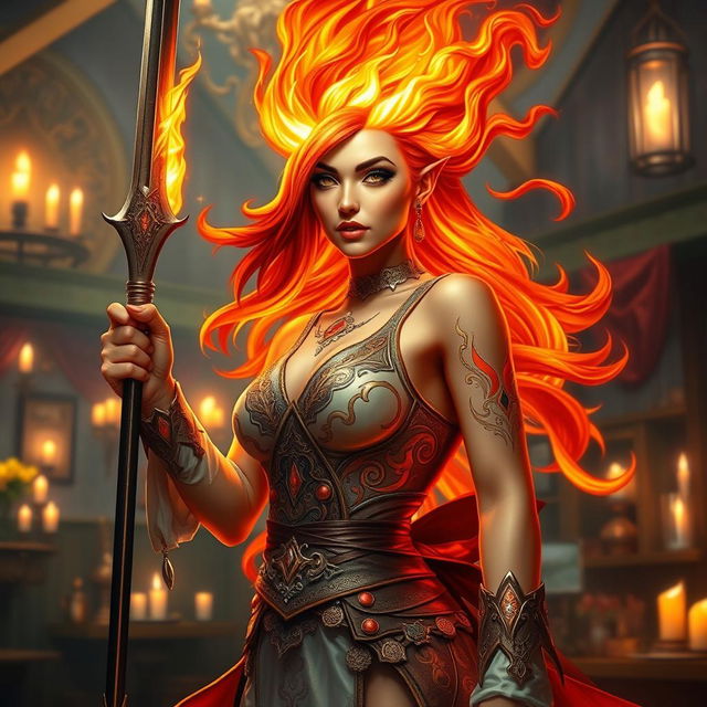 A striking female fire genasi bard, with hair that appears to be made of burning flames, casting a warm glow around her