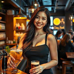A beautiful European-Korean woman with large breasts serving drinks at a stylish cafe