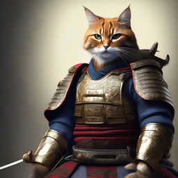 An incredibly realistic digital art image showcasing a brave cat as a samurai