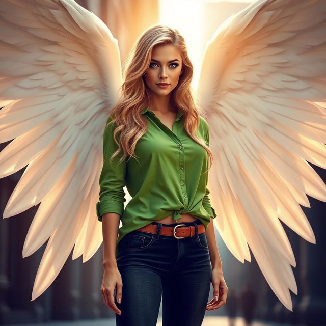 A stunning urban fantasy character featuring a beautiful 30-year-old woman with long, wavy blonde hair cascading down her shoulders