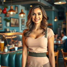 A beautiful European-American woman with large breasts serving at a trendy cafe