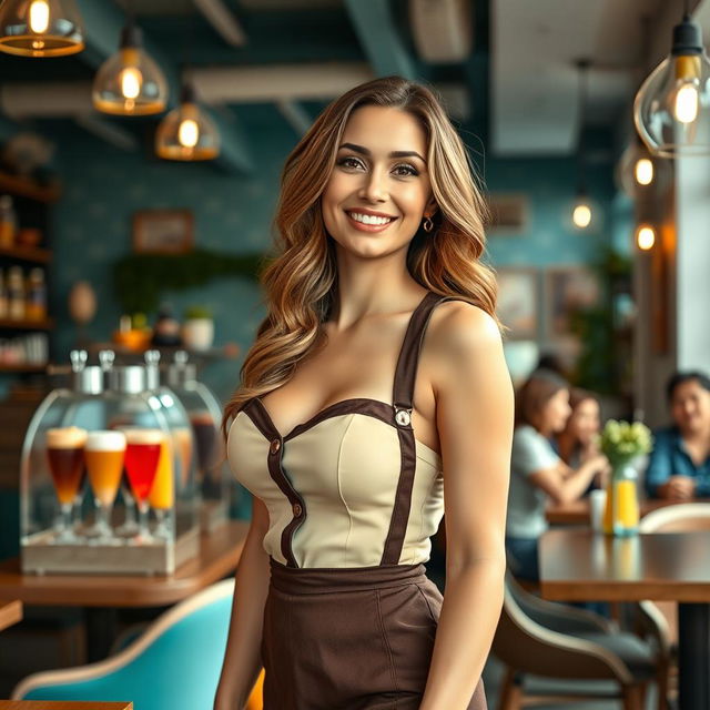 A beautiful European-American woman with large breasts serving at a trendy cafe