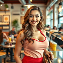 A beautiful European-American woman with large breasts serving at a trendy cafe