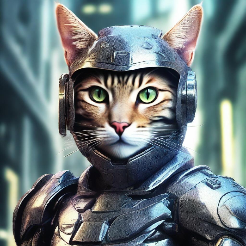 A hyper-realistic digital art image featuring a cat as a courageous cybernetic soldier