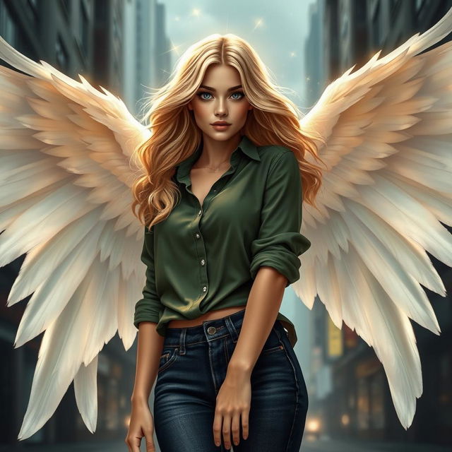 A stunning urban fantasy character portrayed as a beautiful 30-year-old woman with flowing blonde wavy hair, sparkling dark blue eyes, and a radiant golden aura