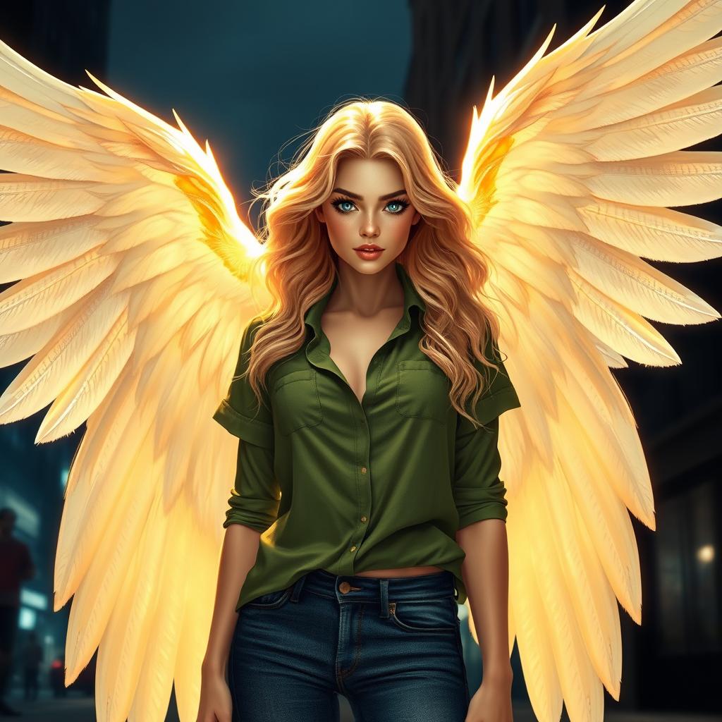 A stunning urban fantasy character portrayed as a beautiful 30-year-old woman with flowing blonde wavy hair, sparkling dark blue eyes, and a radiant golden aura