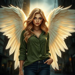 A stunning urban fantasy character portrayed as a beautiful 30-year-old woman with flowing blonde wavy hair, sparkling dark blue eyes, and a radiant golden aura