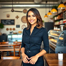 A beautiful American woman with large breasts working as a cafe employee