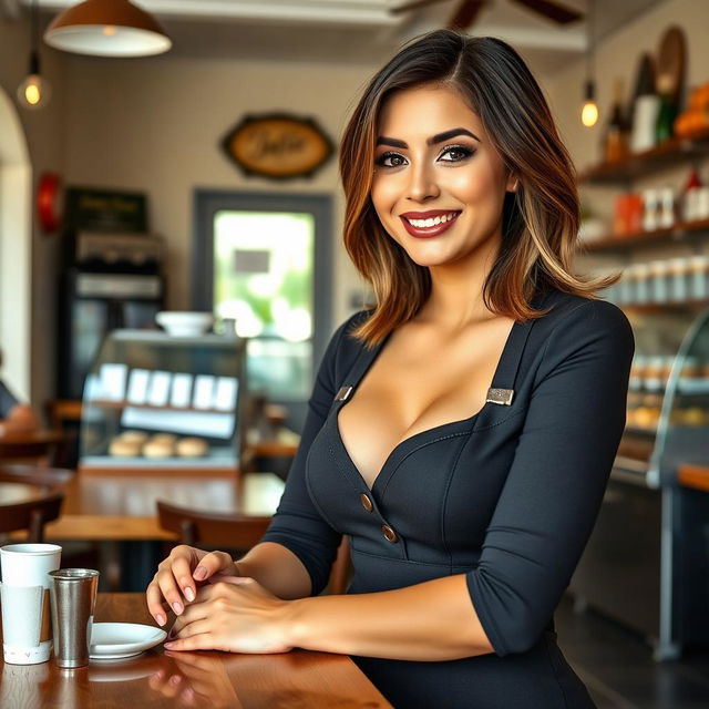 A beautiful American woman with large breasts working as a cafe employee