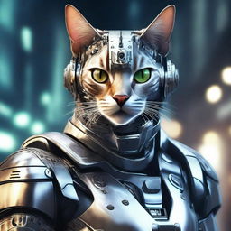 A hyper-realistic digital art image featuring a cat as a courageous cybernetic soldier