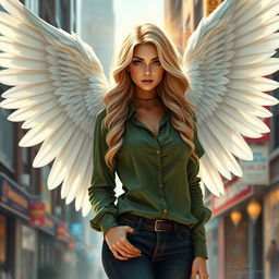 A stunning urban fantasy character, a beautiful 30-year-old woman with long, flowing blonde wavy hair and piercing dark blue eyes radiating a golden aura