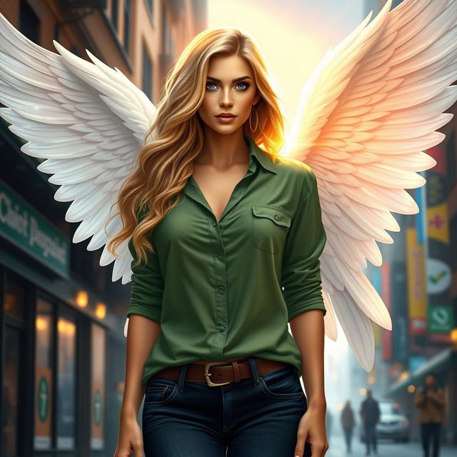 A stunning urban fantasy character, a beautiful 30-year-old woman with long, flowing blonde wavy hair and piercing dark blue eyes radiating a golden aura