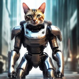 A hyper-realistic digital art image featuring a cat as a courageous cybernetic soldier