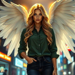 A beautiful 30-year-old woman with long, wavy blonde hair and striking dark blue eyes, glowing with a golden aura