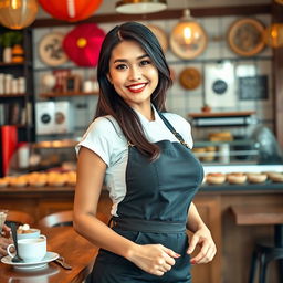 A beautiful Indonesian woman with large breasts working as a cafe employee