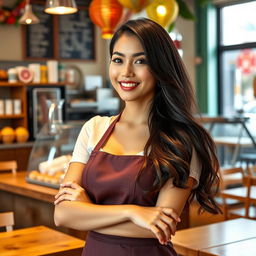 A beautiful Indonesian woman with large breasts working as a cafe employee