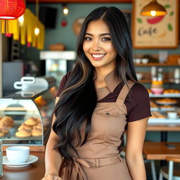 A beautiful Indonesian woman with large breasts working as a cafe employee